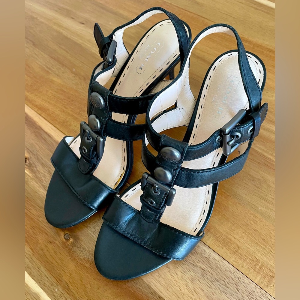 Coach Robin Caged Strappy Buckle T Strap Black Leather Heel Size 6.5